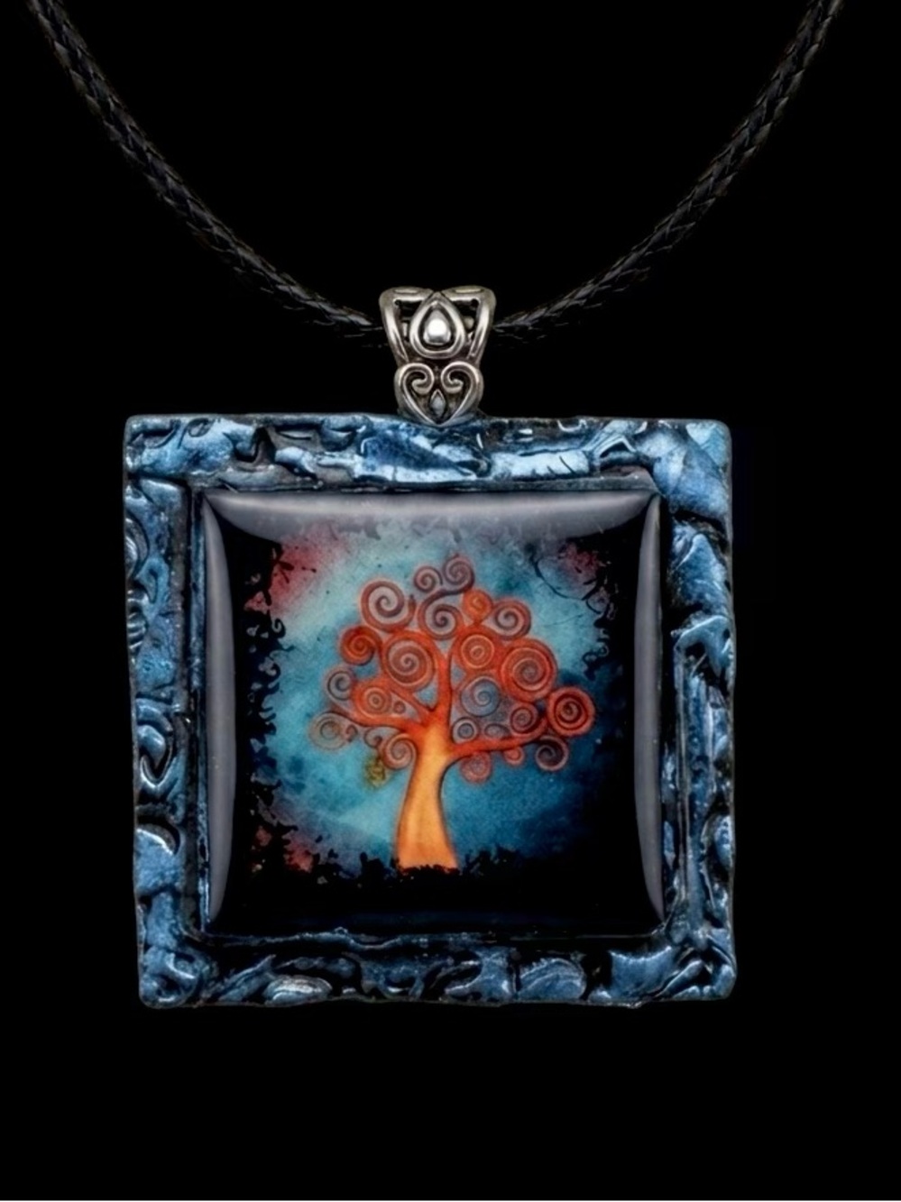 “Tree of Life” Handmade Artisan Clay Polymer Blue Orange Spiral Artsy Necklace